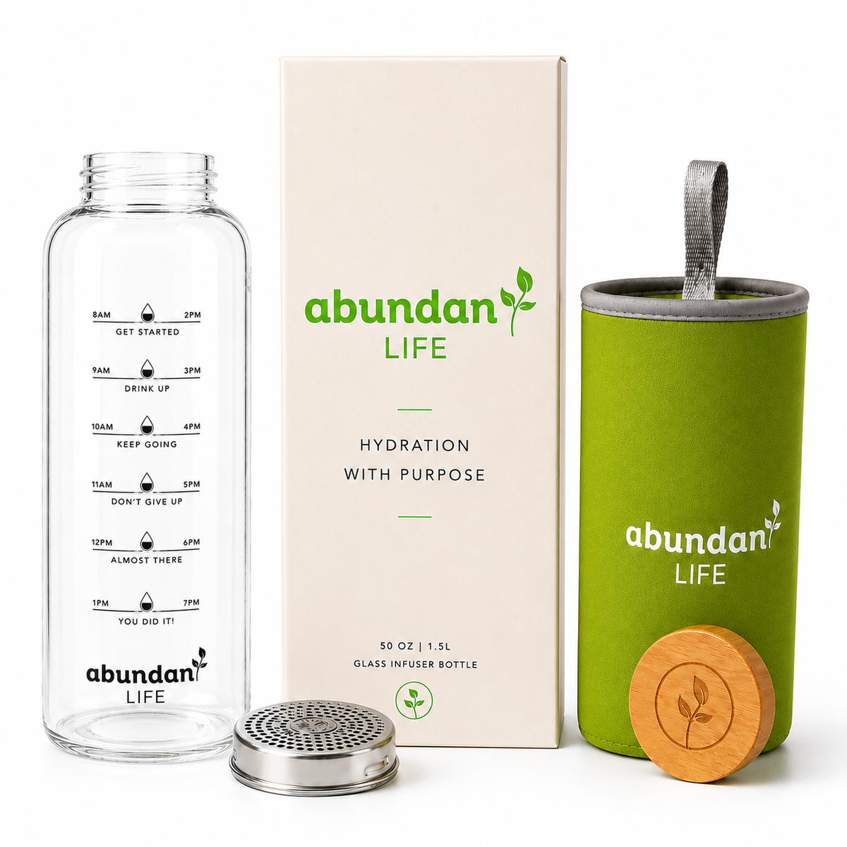 1.5L Glass BPA-Free Infuser Water Bottle with Strainer + Sleeve